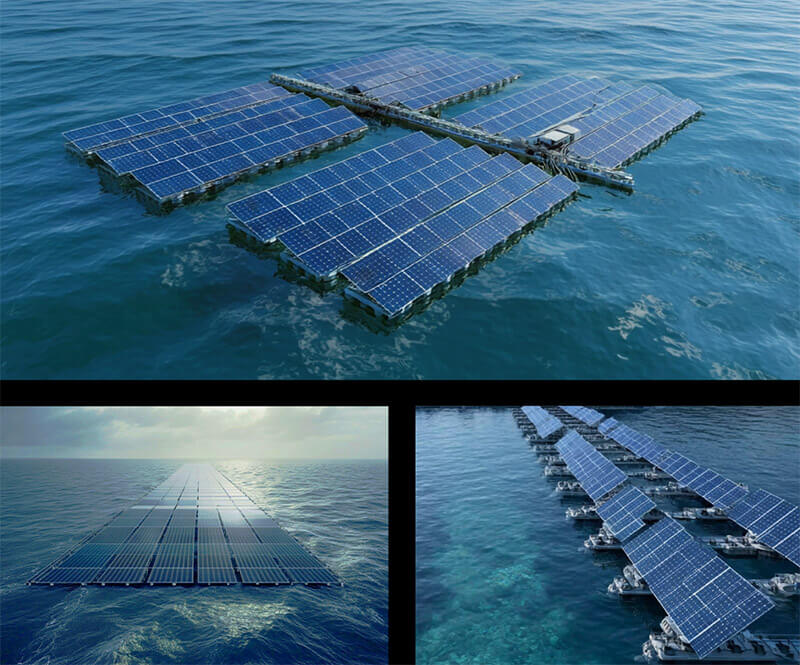 Modular floating solar farm concept with large-scale and array deployment views