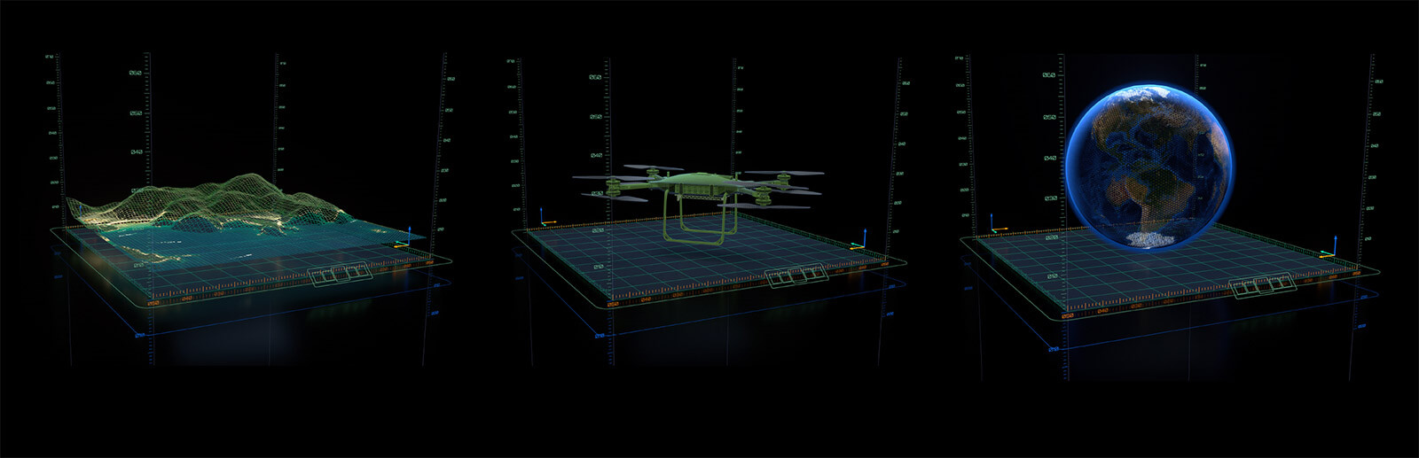 Digital twin asset visualisation with terrain, drone, and globe data layers